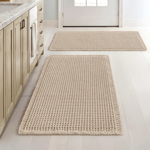 MIULEE Set of 2 Waffle Bathroom Rugs Boho Bath Mat Pale Beige 18x30 Inch