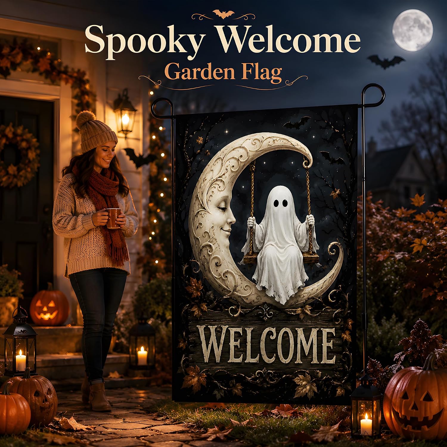 Halloween Decorations - Ghost Swinging on Moon Welcome Garden Flag