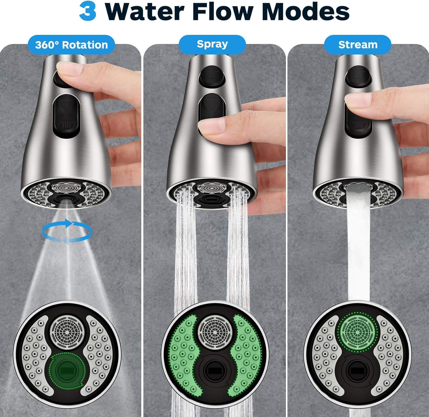 Kitchen Faucet Head Replacement 3 Modes with 17 Adapters, Pull Down Spray Head for Kitchen Faucet, Kitchen Sink Faucet Head G 1/2, Sprayer Head Replacement, Compatible with Moen，Delta, Kohler Faucets