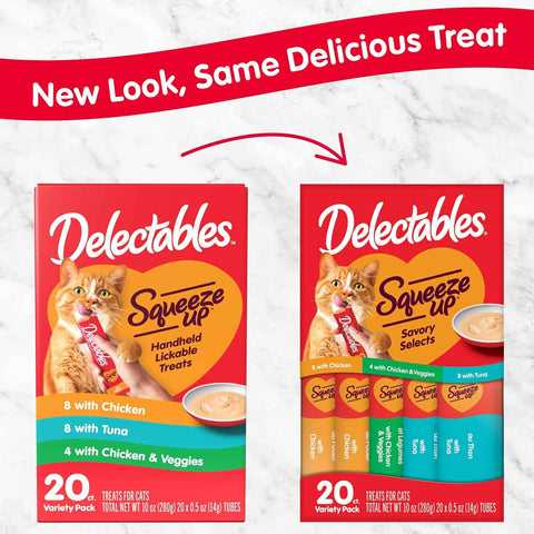 Delectables Squeeze Up Variety Pack, Creamy Squeezable Puree, Lickable Wet Cat Treats, Grain Free, No Added Fillers, No by-Products, No Added Preservatives, 0.5 Ounces Tube, 20 Tubes Total