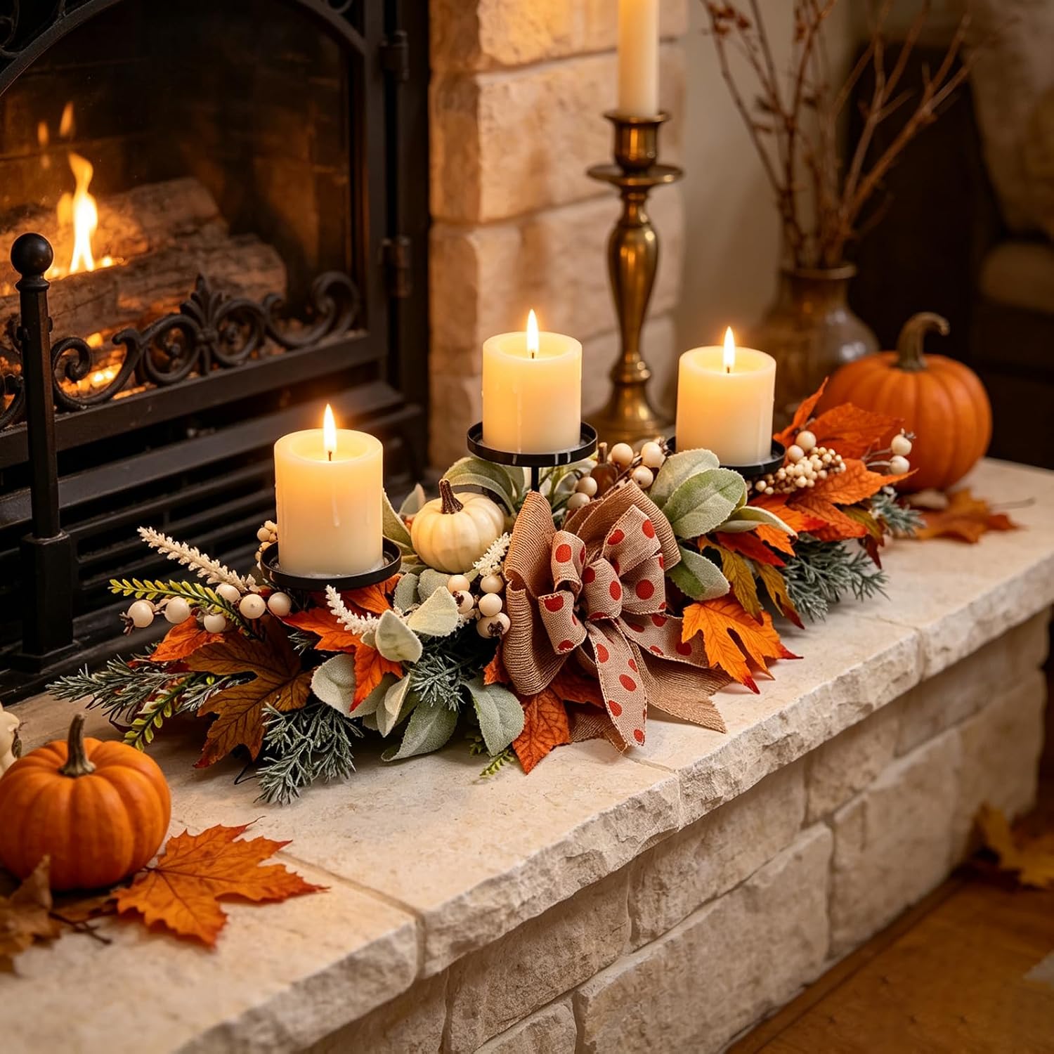 24 Inch Fall Candle Holder Pumpkin Maple for Table Centerpiece