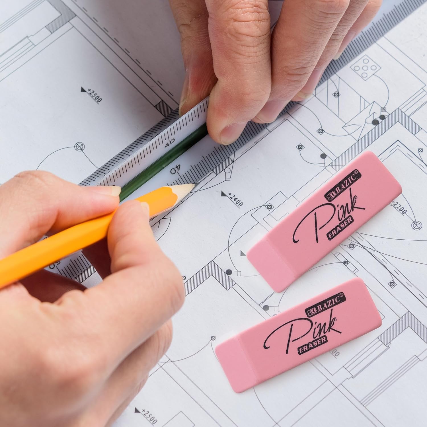 BAZIC Products Pink Bevel Block Erasers, Latex-Free, PVC-Free, 24-Box