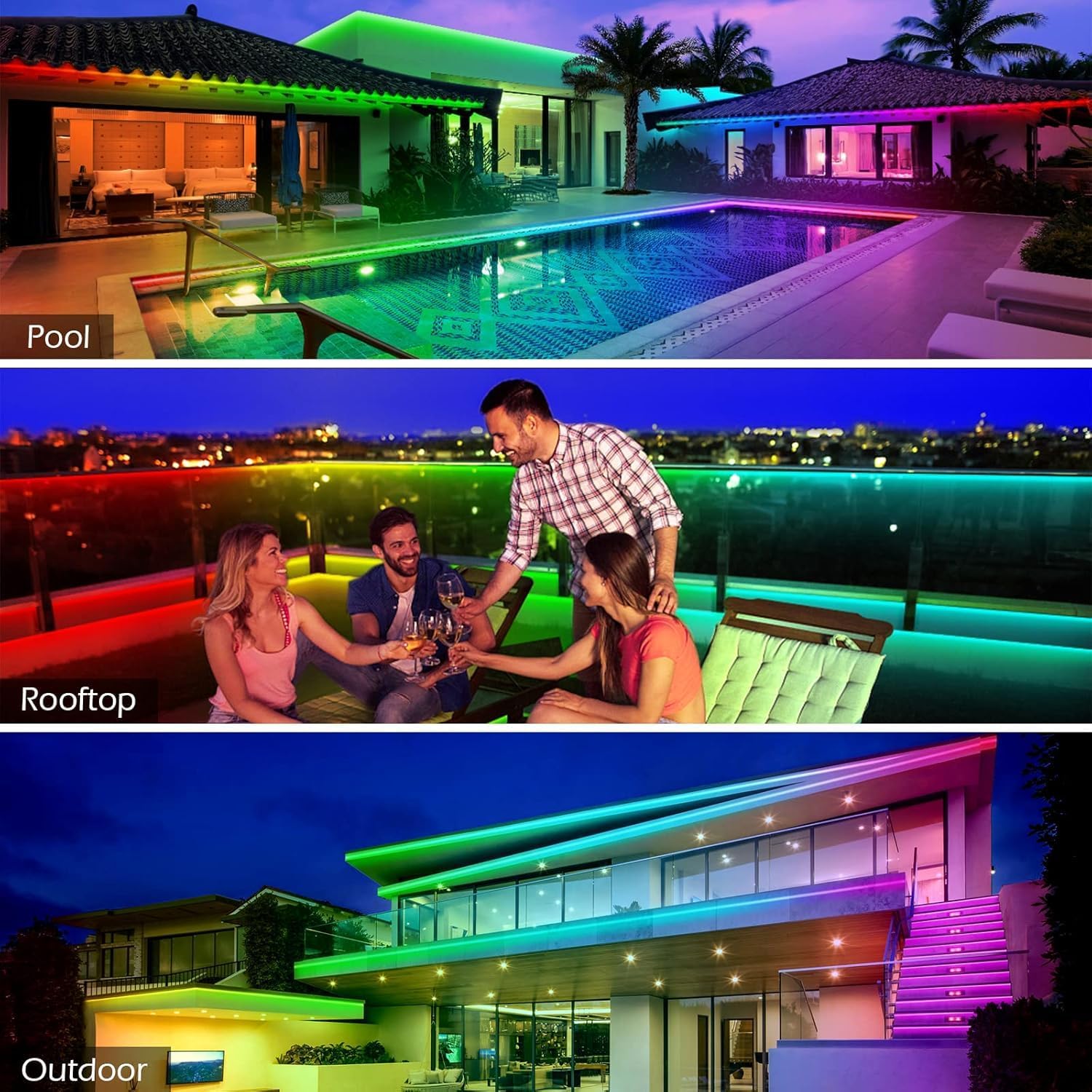AILBTON 200ft Outdoor LED Strip Lights Waterproof,IP68 Outside Led Light Strips Waterproof with Bluetooth App Remote Control,Music Sync RGB Exterior Led Rope Lights,for Balcony,Deck,Roof,Garden,Pool