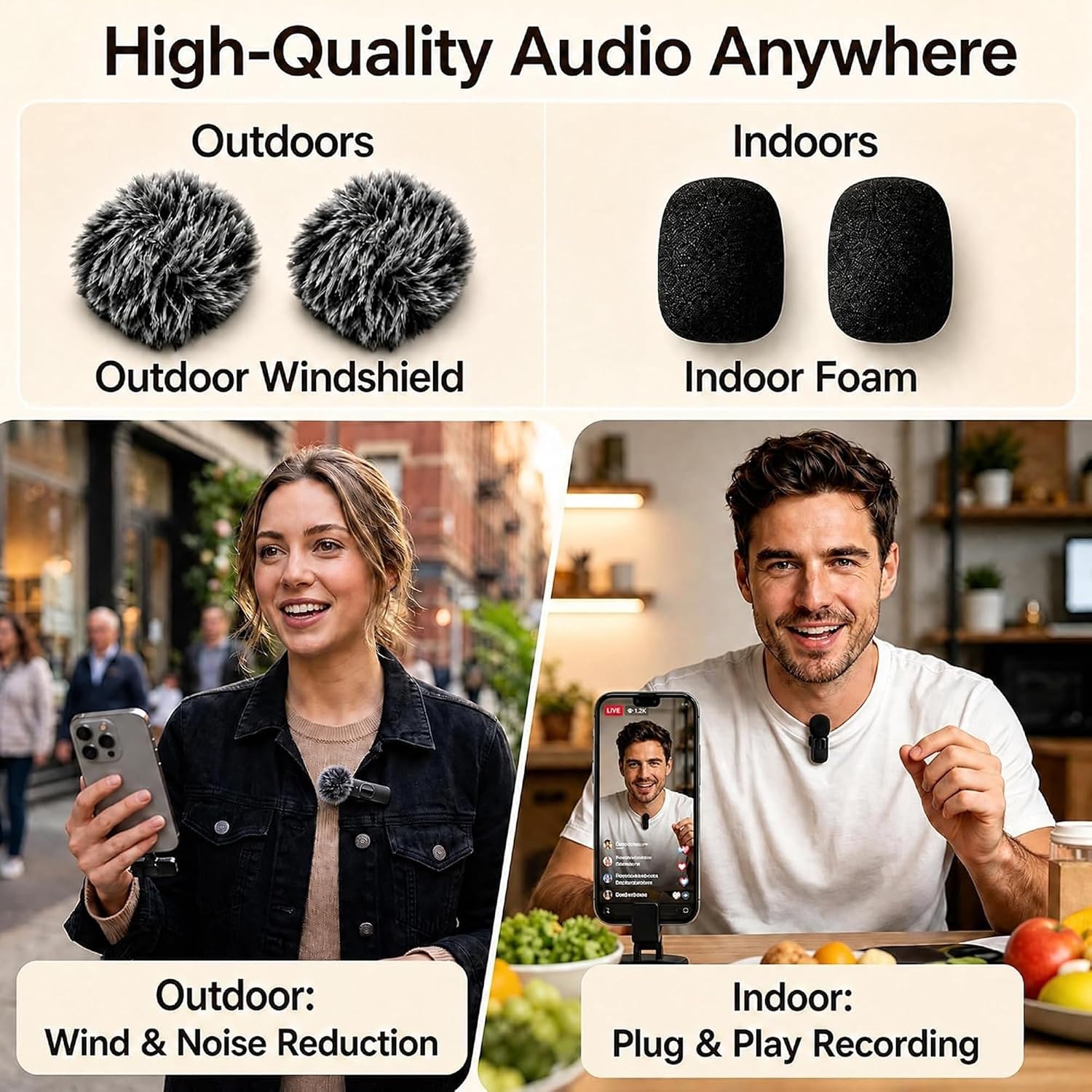 Wireless Lavalier Microphone for iPhone Android, 2Pcs Mini Mic, Plug & Play