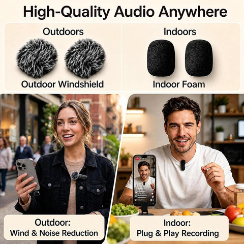 Wireless Lavalier Microphone for iPhone Android, 2Pcs Mini Mic, Plug & Play