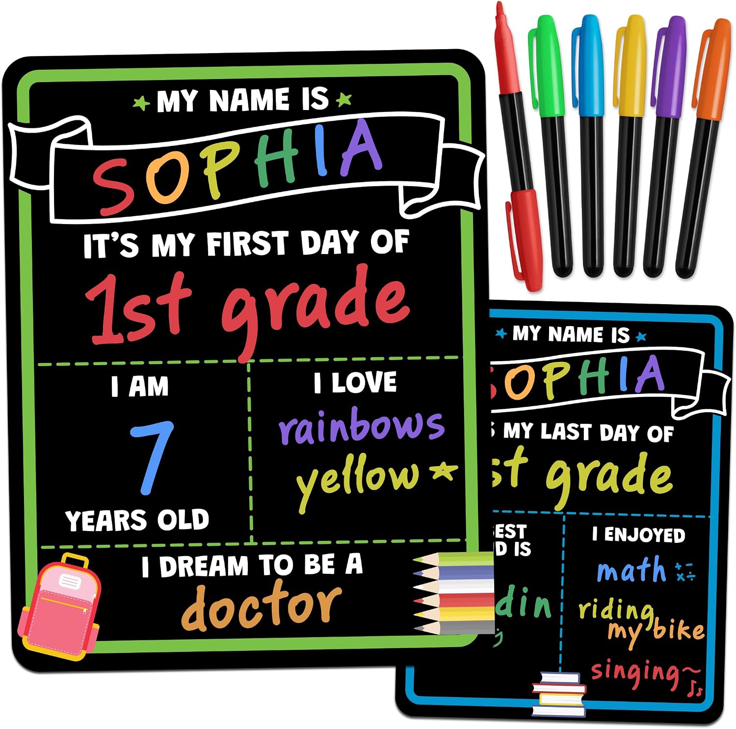 First Day of School Sign Board with Liquid Chalk Markers - 14”x11” Double-Sided & Reusable Board - My First and Last Day - Back to School Supplies - First Day of Kindergarten Preschool