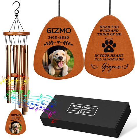 Personalized Pet Memorial Wind Chimes with Photo Pet Memorial Gifts for Dogs Pet Bereavement Gifts Custom 25.5 Inch Wind Chimes for Garden Patio for Loss of Dog Cat Puppy (Champagne Gold, Design 4)