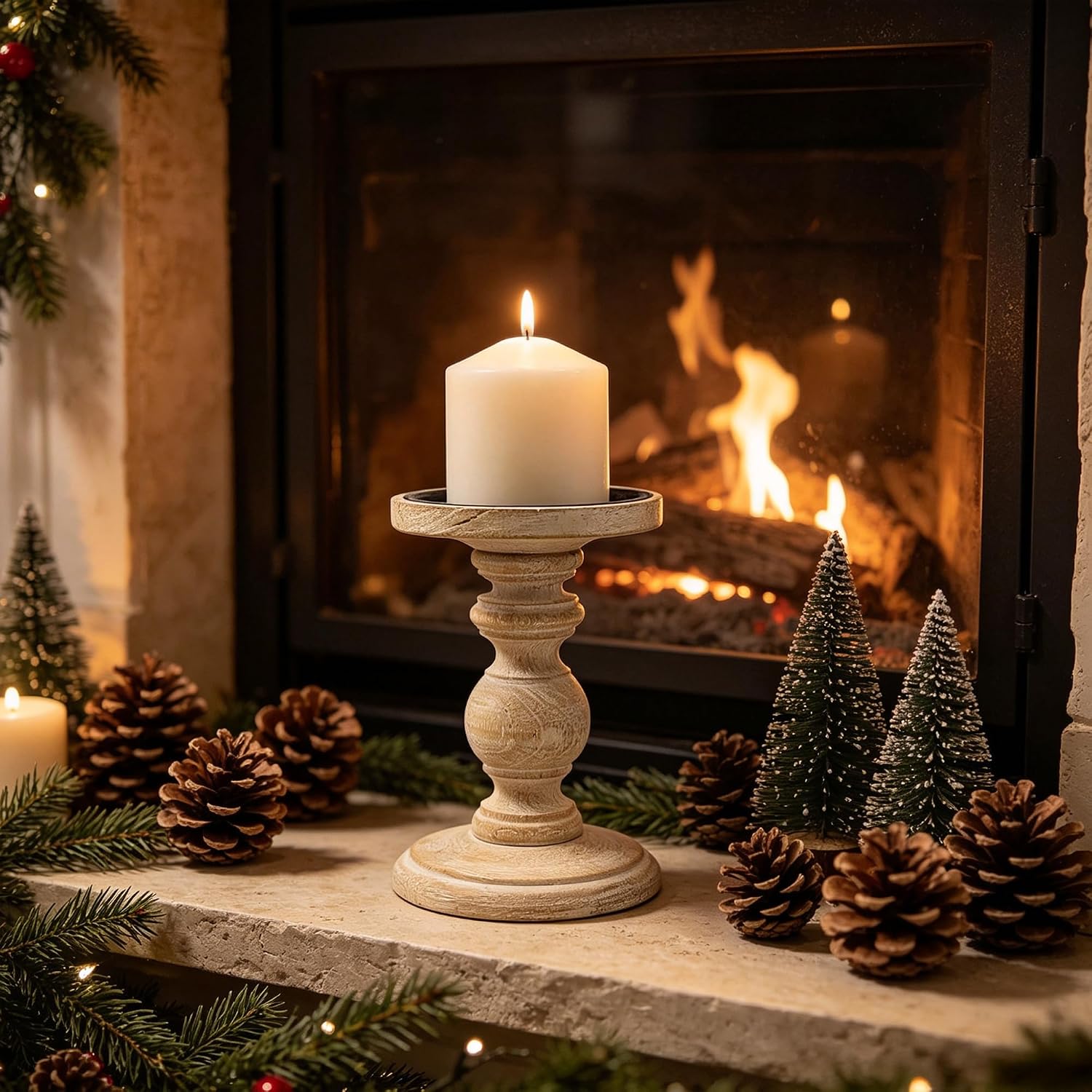 Hosley Set of 2 Antique White Wooden Pillar Candle Holders - 7 Inch Rustic Farmhouse Candlestick Stand, Distressed Candle Pedestals for Table Centerpiece, Wedding Party, Home Decor, Spa