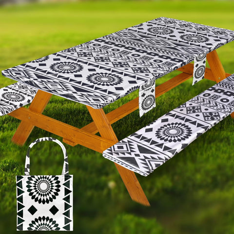 Fitted Picnic Table Cover with Bench Covers Vinyl Waterproof Elastic Edges Fitted Rectangle Tables Patio Tablecloth Camping Gear and Essentials Rv Accessories Road Trip Supplies Car Travel Must Haves