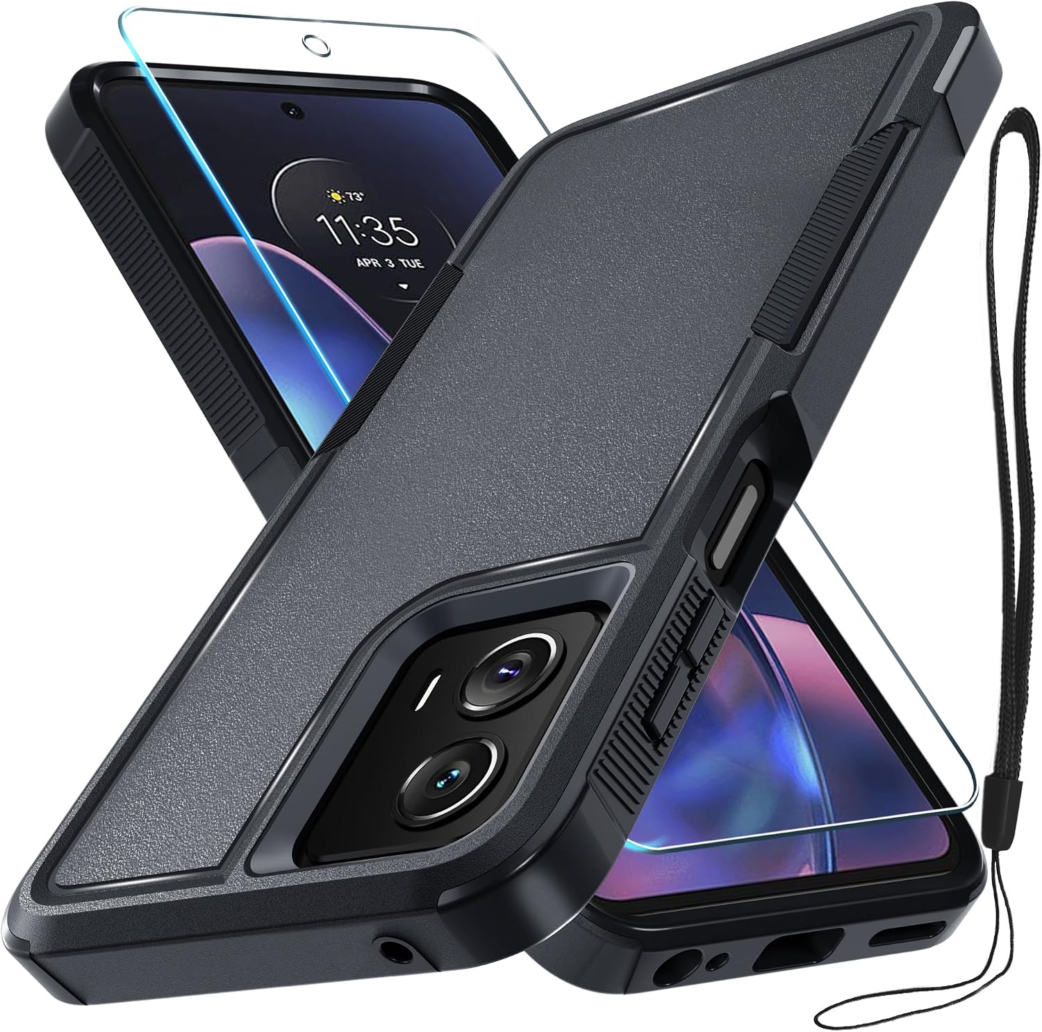 Case Compatible with Moto G 5G 2024, Full Body Heavy Duty Rugged Shockproof Protective Phone Cover with Lanyard Strap, Tempered Glass Screen Protector, Black Matte