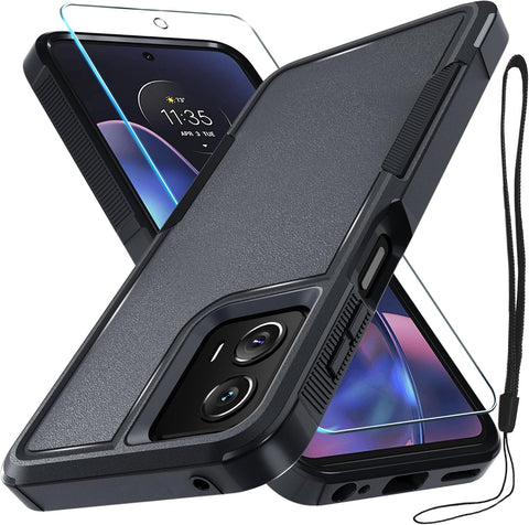 Case Compatible with Moto G 5G 2024, Full Body Heavy Duty Rugged Shockproof Protective Phone Cover with Lanyard Strap, Tempered Glass Screen Protector, Black Matte