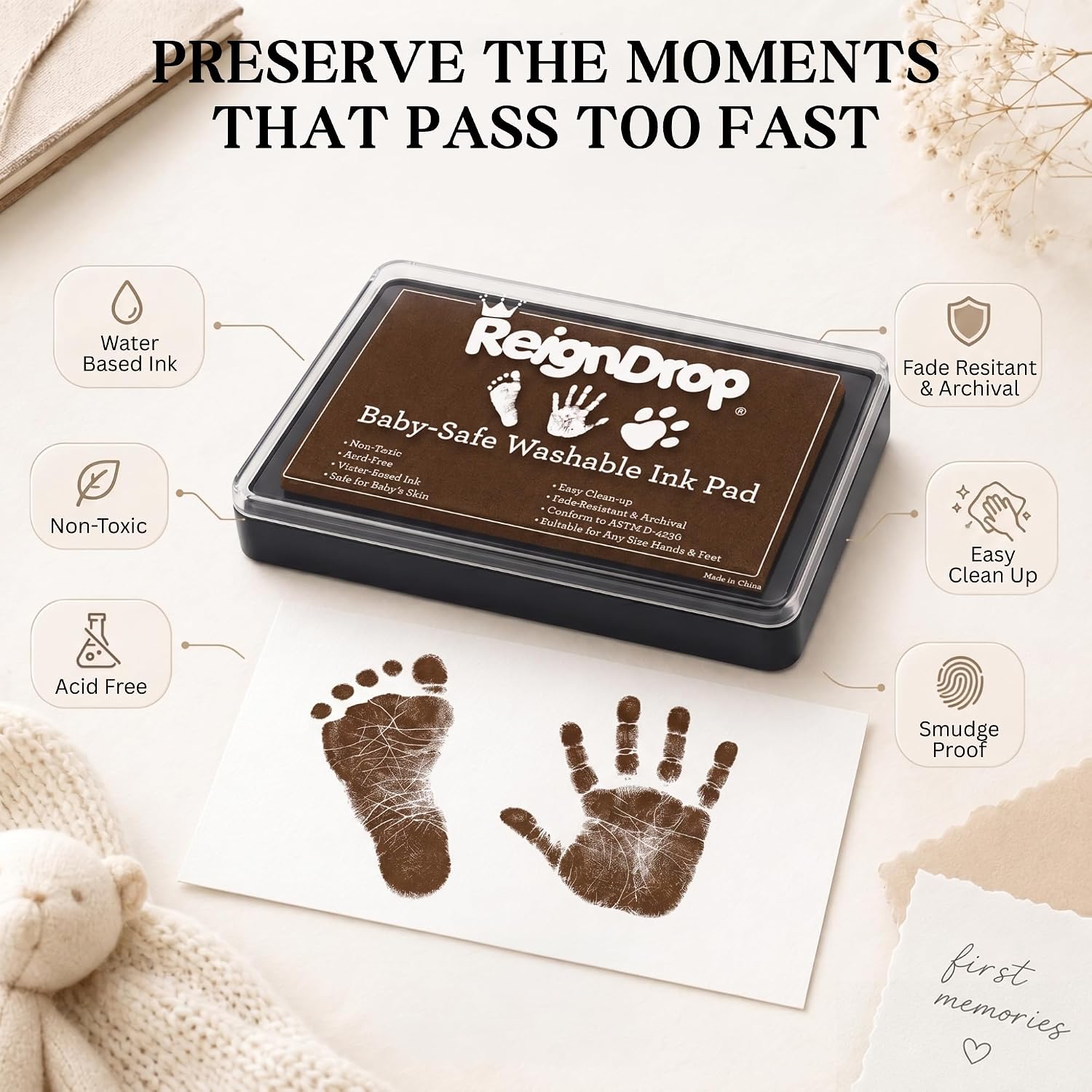 ReignDrop Baby Ink Pad for Hand and Footprints, Non-Toxic Acid-Free Keepsake Kit, Smudge-Proof Archival Ink Wipes Off Skin, for Scrapbook, Photo Album, Frames & Pet Paws, Baby Gift (Brown)