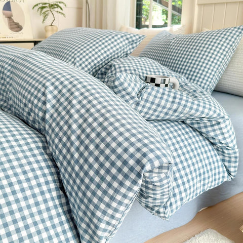 LifeTB Gingham Duvet Cover King 100% Washed Cotton Blue Plaid Duvet Cover 3 Pieces Boho Grid Comforter Cover with 2 Pillowcases Luxury Soft Gingham Bedding Set Buffalo Grid Duvet Cover King Size