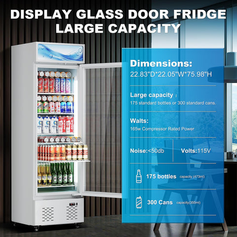 11 Cu.ft White Commercial Display Refrigerator Cooler,Glass Door Beverage Refrigerators with LED Light and 5 Shelves
