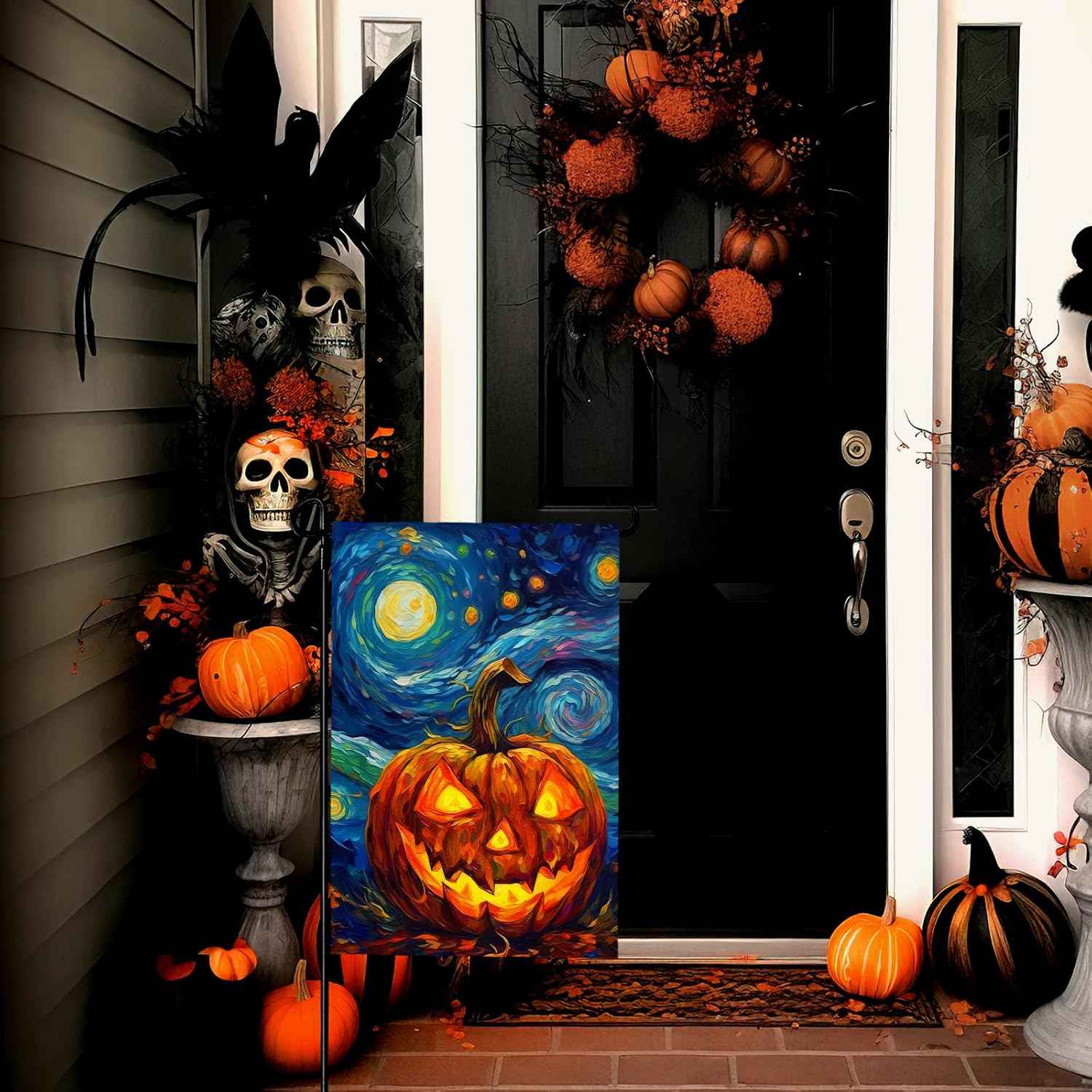 Halloween Garden Flag Pumpkin Garden Flag Van Gogh Garden Flags Arts Starry Night Sky Moon Yard Flag Double Sided Fall Porch Patio Farmhouse Outdoor Yard Decorative 12 x 18 Inch