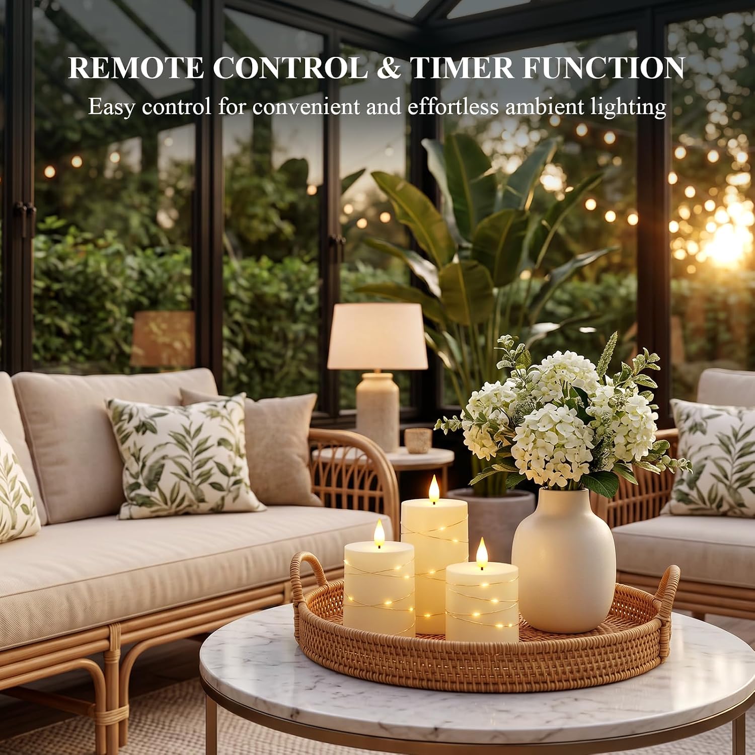 Homemory Ivory Flameless Candles with String Lights, Set of 3 Battery Operated LED Pillar Candles with 3D Flickering Wicks, 11-Key Remote Control and Timer for Home, Wedding and Christmas Decor