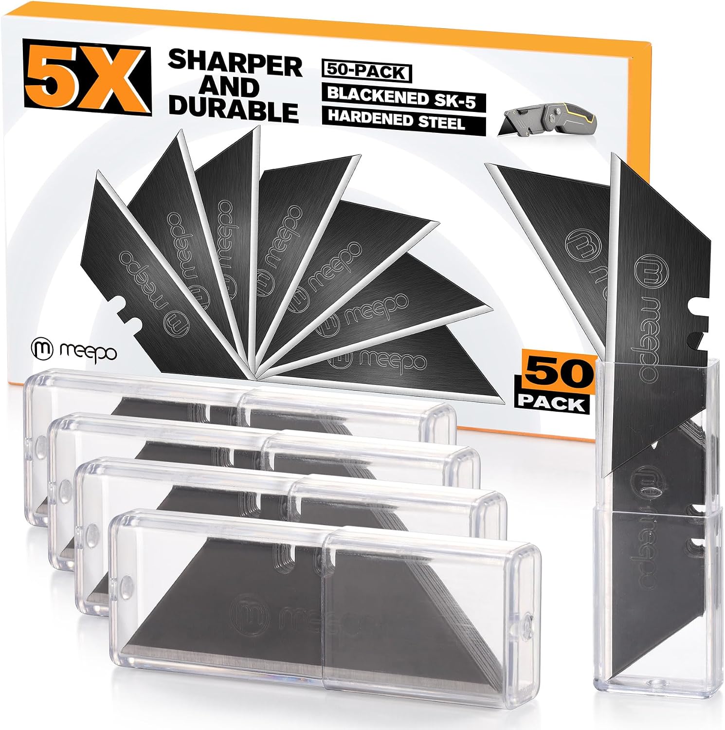 M MEEPO Utility Knife Blades, Never Rust, Blackened SK-5 Steel, 50-Pack