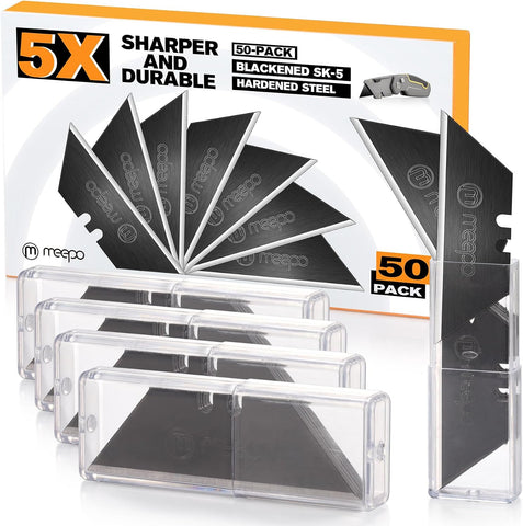 M MEEPO Utility Knife Blades, Never Rust, Blackened SK-5 Steel, 50-Pack