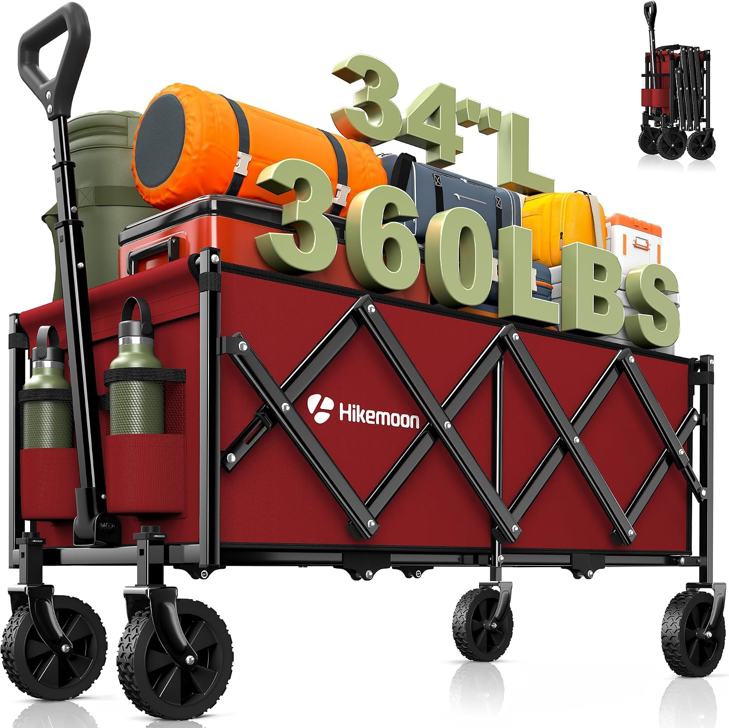 HIKEMOON 34'' Extra Long Folding Portable Wagon Cart, 120L 360LBS Red