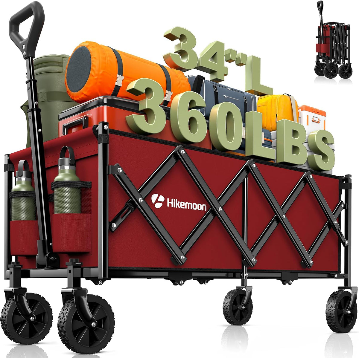 HIKEMOON 34'' Extra Long Folding Portable Wagon Cart, 120L 360LBS Red