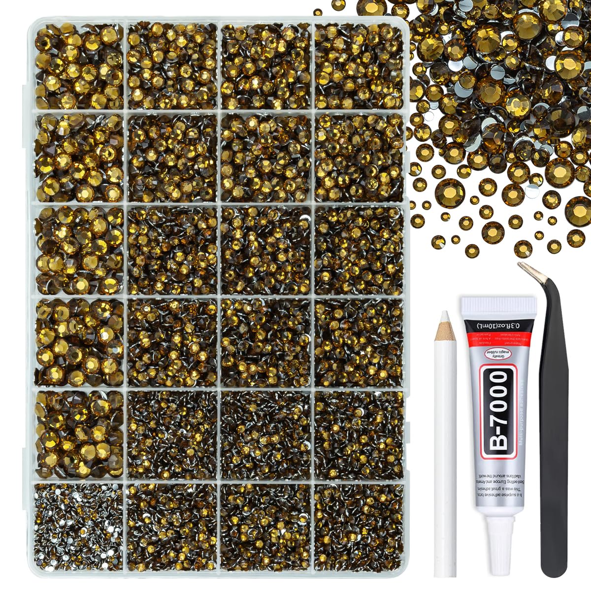 qiipii Amber Brown Crystal Resin Rhinestones w B7000 Glue for Bedazzling Crafting 2mm-6mm Flatback Stones Diamonds Crystals Gems Charms Bedazzler Kit for Nails Face Eyes Makeup Tumblers Bottles Crafts