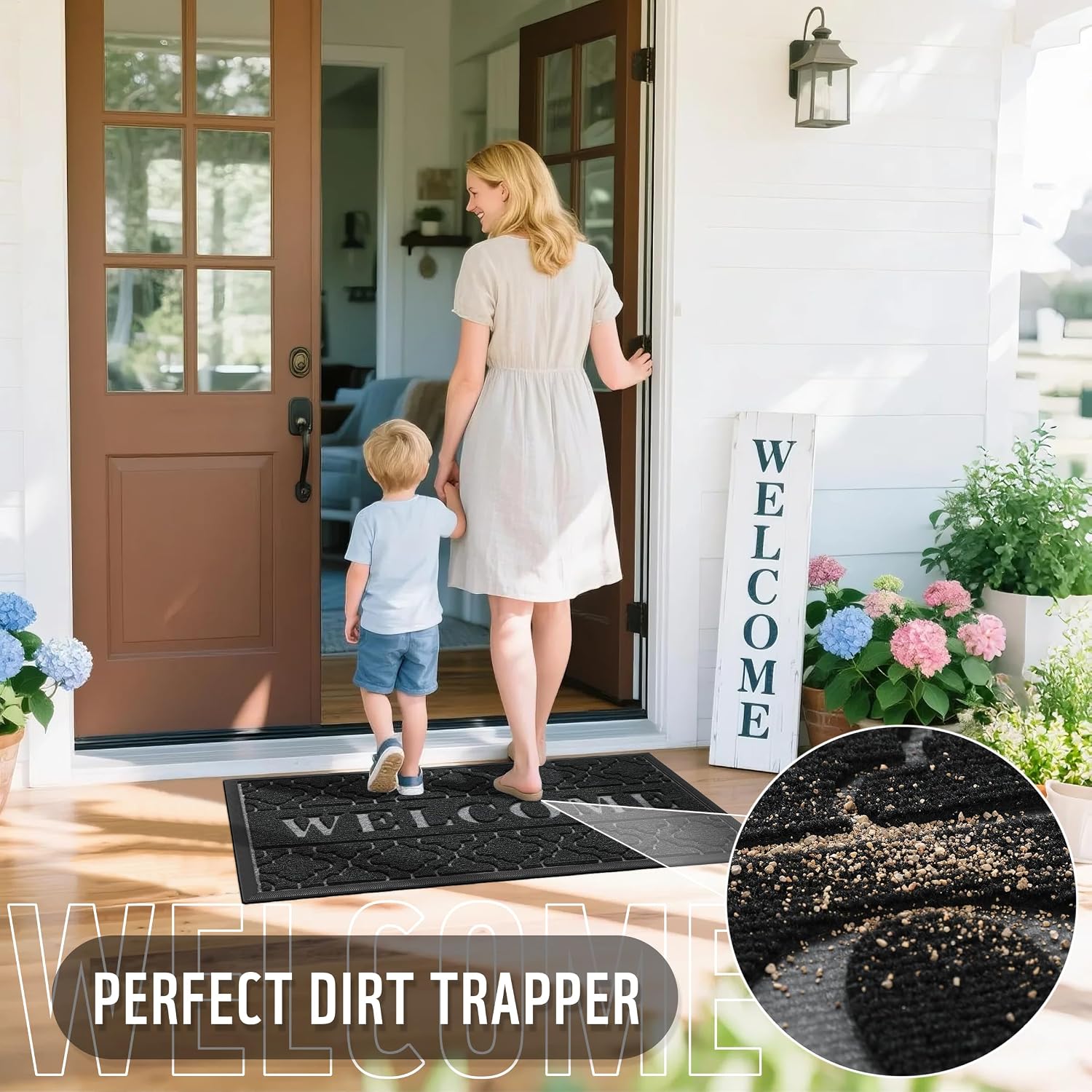 Yimobra Welcome Mat Outdoor Indoor, All-Season Waterproof Front Door Mat Outside Entrance, All-Weather Heavy Duty Non-Slip Doormat, Low Profile Porch Patio Entrance Mats, 60x36, Black
