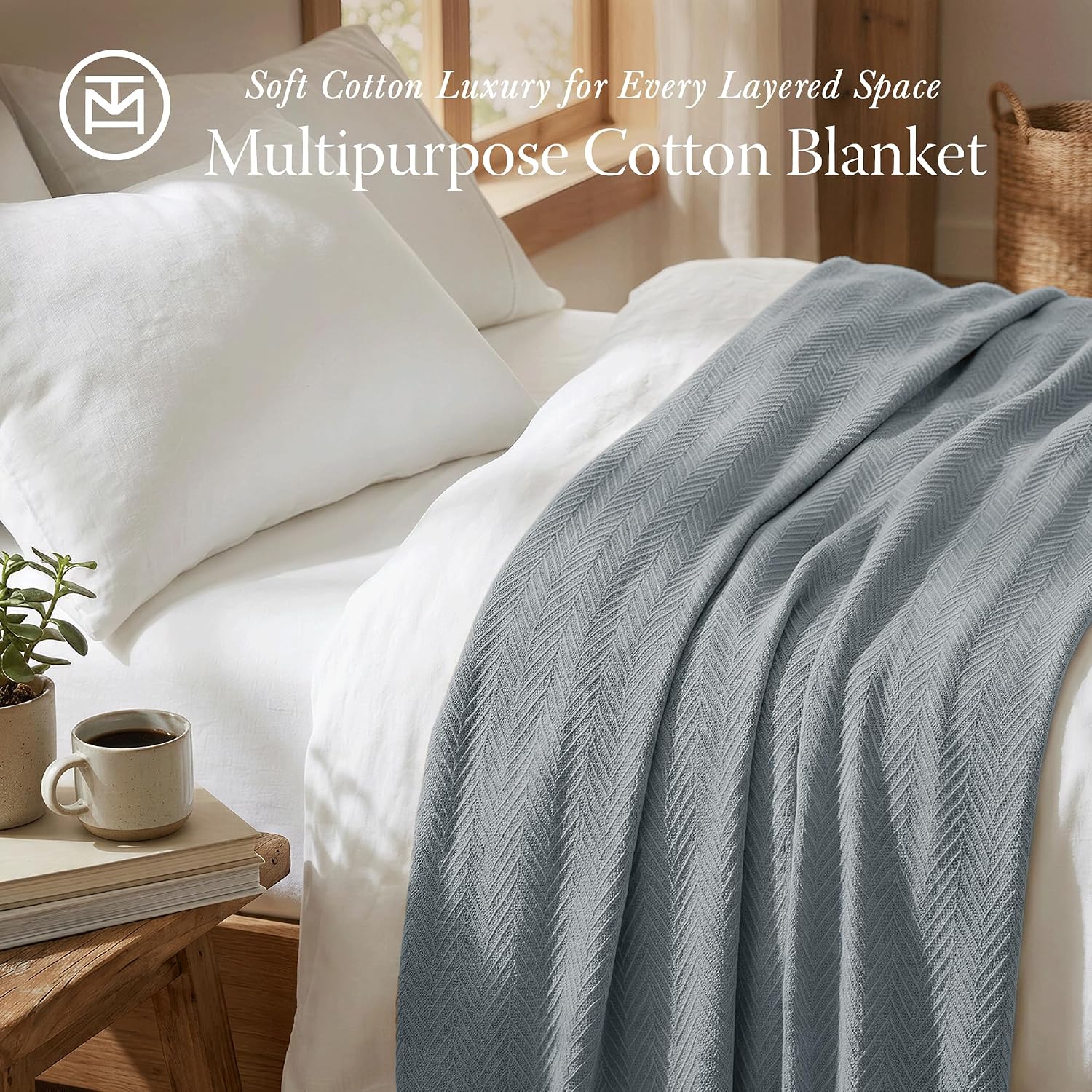 Threadmill Luxury 100% Cotton Queen Herringbone Blanket, Scottish Grey