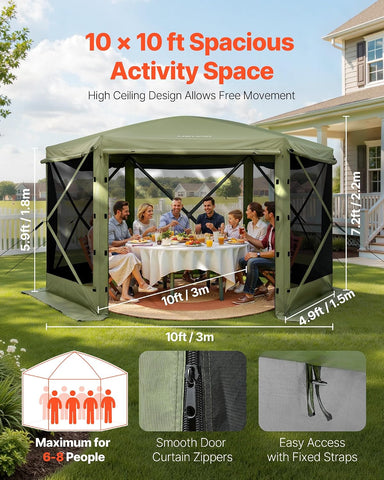 VEVOR Pop up Gazebo Screen Tent, 10 x 10 ft Large 6-Sided Camping Canopy Tent with Removable Top & Carry Bag, Quick-Set & Bite-Proof, Screen House Sun Shelter for 6-8 Persons Backyard Patio, Green