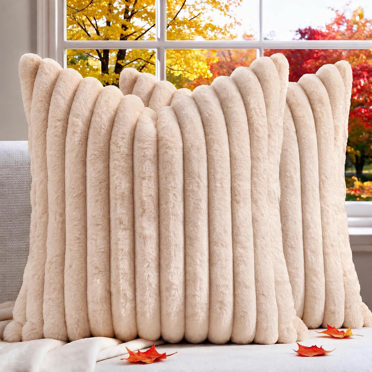 Set of 2 Decorative Throw Pillow Covers 26x26, Fall Faux Fur Apricot