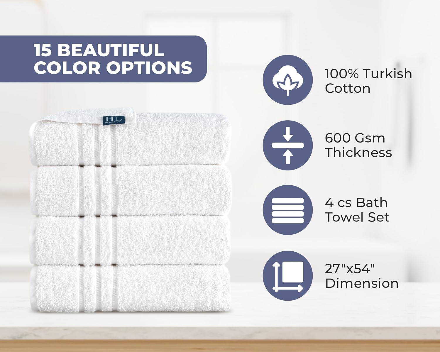 Hawmam Bath Linen Towels Large, Turkish Cotton, 4 Pack, White