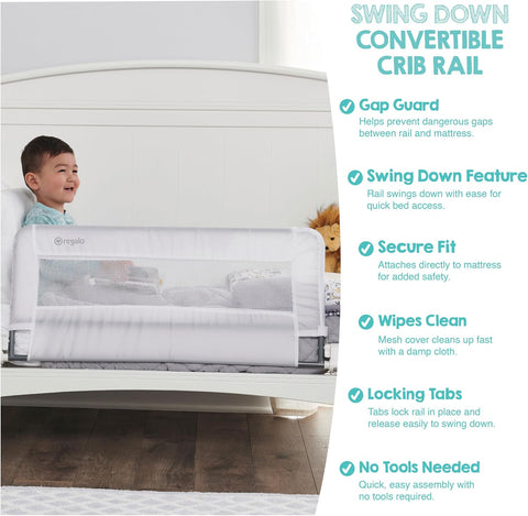 Regalo Safety Swing Down Crib Rail for Toddlers, 33" Baby Bed Rail Guard with Reinforced Anchor Safety System, Convertible Crib Bed Rail, White
