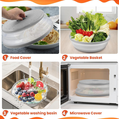 Large Collapsible Microwave Cover for Food, 12.2inch Microwave Splatter Cover, Microwave Plate&Dish Cover with Easy Grip Handle, BPA-free, Dishwasher Safe (Light Grey)