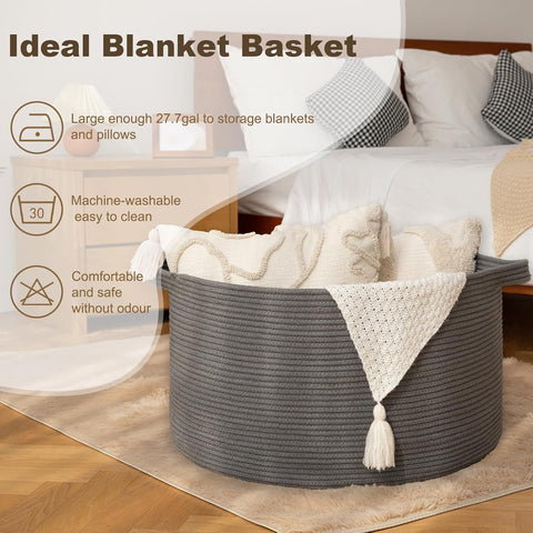 OIAHOMY 105L Extra Large Blanket Basket - Decorative Cotton Rope Storage Basket for Bedroom, Living Room & Nursery - Woven Laundry Hamper for Organizing Blankets, Clothes & Toys - Grey