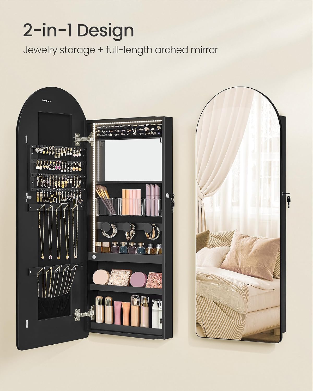 SONGMICS Wide Jewelry Organizer, Wall/Door Mounted, LED Cabinet, Lockable