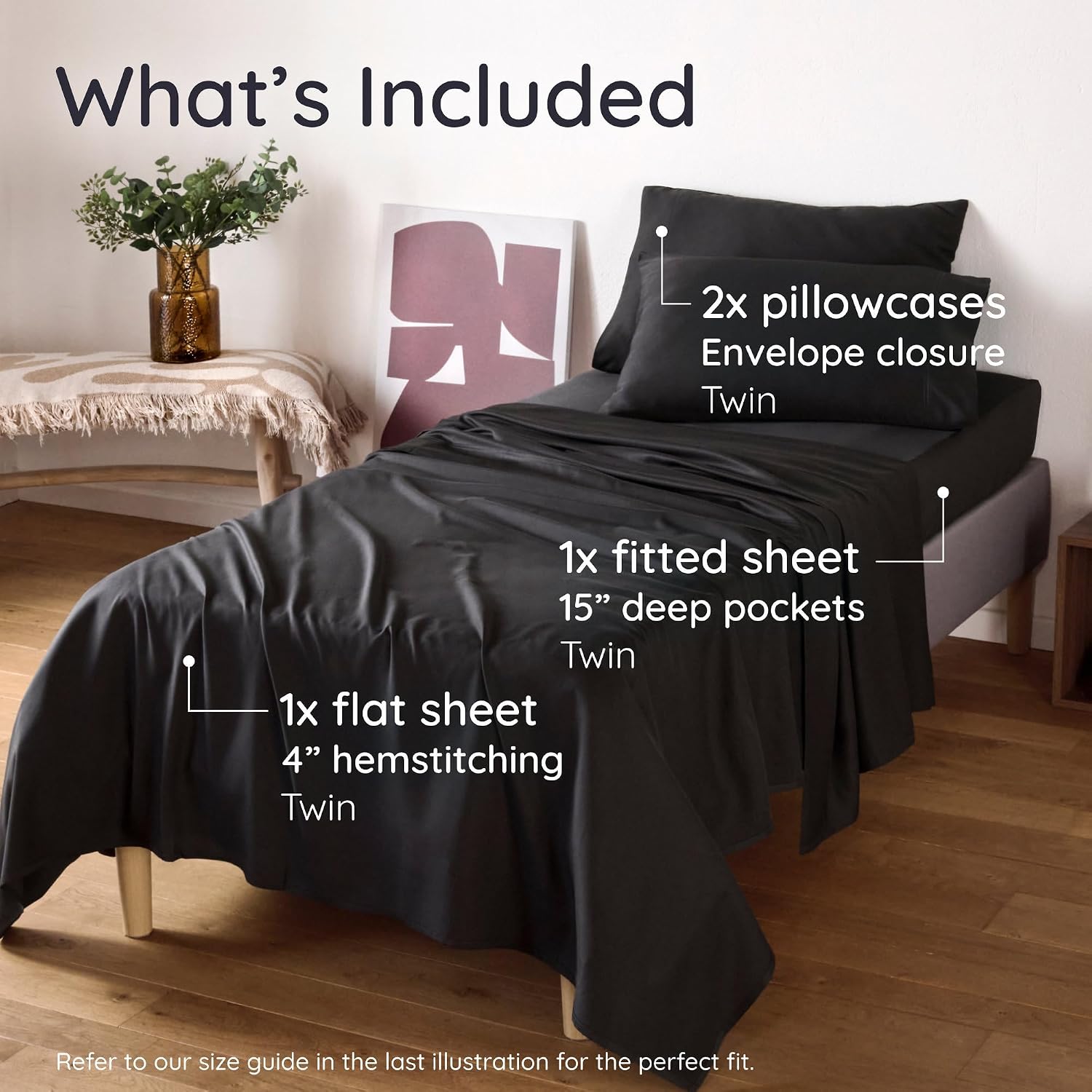 Bambaw 100% Viscose Derived from Bamboo Sheet Set Twin – 4-Piece Twin Sheets Set, Cooling, Soft & Breathable, Deep Pocket Fits Up to 15" Mattresses with Elastic Corner Straps (Black)