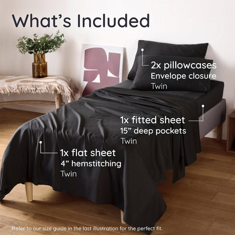 Bambaw 100% Viscose Derived from Bamboo Sheet Set Twin – 4-Piece Twin Sheets Set, Cooling, Soft & Breathable, Deep Pocket Fits Up to 15" Mattresses with Elastic Corner Straps (Black)