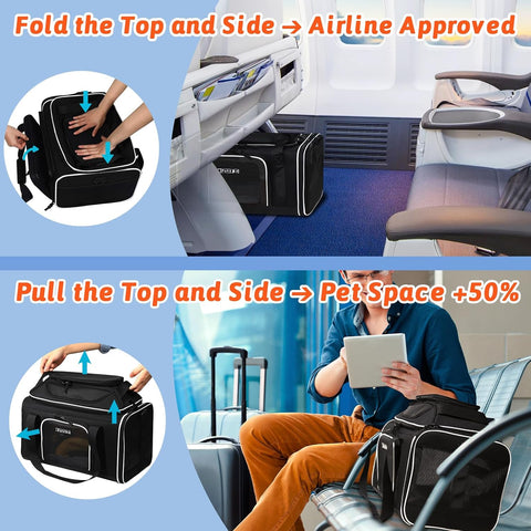 Petskd Top and Side Expandable Small Pet Carrier Airline Approved, Black