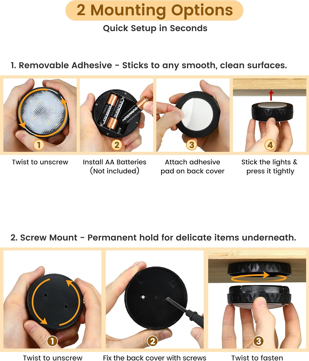 TECOMLIGHT Puck Lights with Remote, AA Battery Operated, Black, 2 Pack