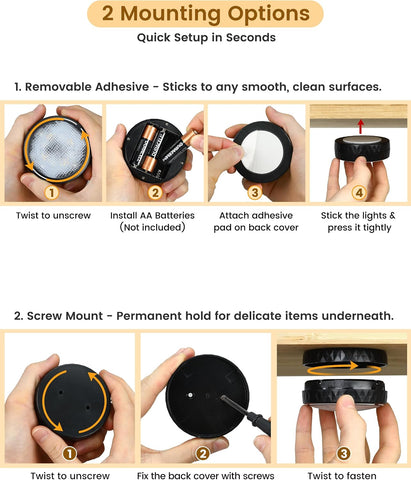 TECOMLIGHT Puck Lights with Remote, AA Battery Operated, Black, 2 Pack