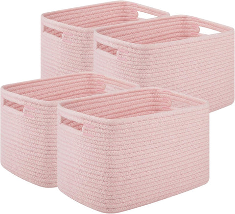 OIASKET 4Packs Natural Cotton Rope Storage Baskets for Organizing Toys, Clothes, Towels & Books, Soft Versatile Organizers for Shelves, Home Decorative Bins, 13''Lx9''Wx7.8''H, Pink