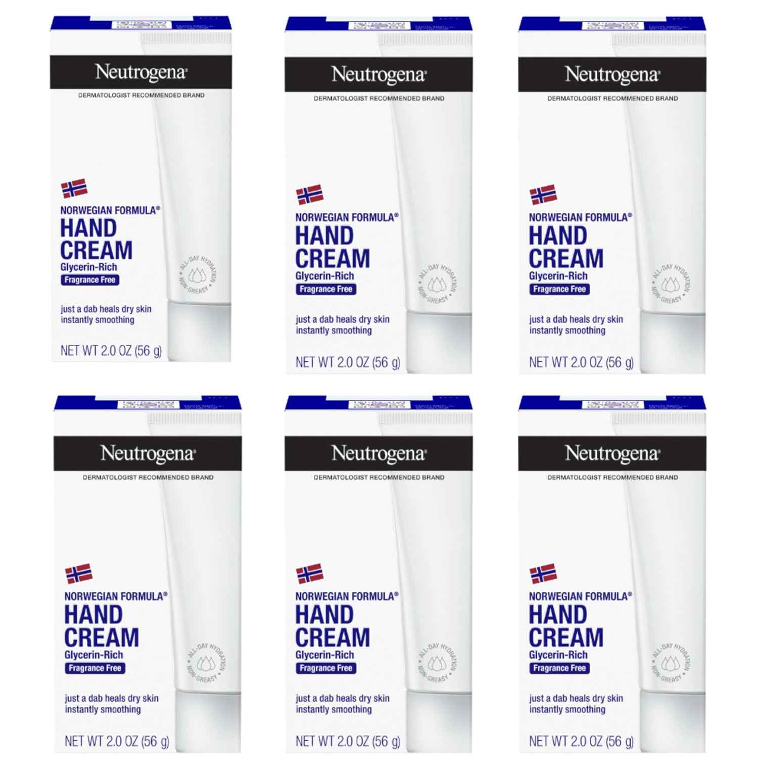 Neutrogena Norwegian Formula Hand Cream, Fragrance Free, 6 x 2 oz | Glycerin, For Dry Hands, Concentrated Relief, Over 200 applications