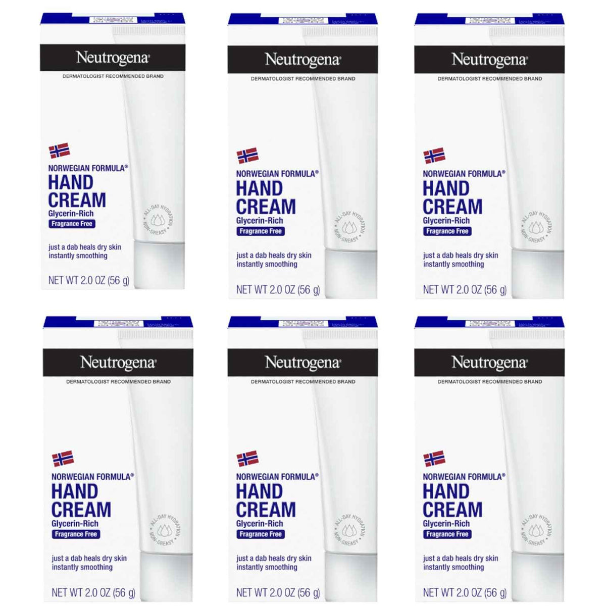 Neutrogena Norwegian Formula Hand Cream, Fragrance Free, 6 x 2 oz | Glycerin, For Dry Hands, Concentrated Relief, Over 200 applications
