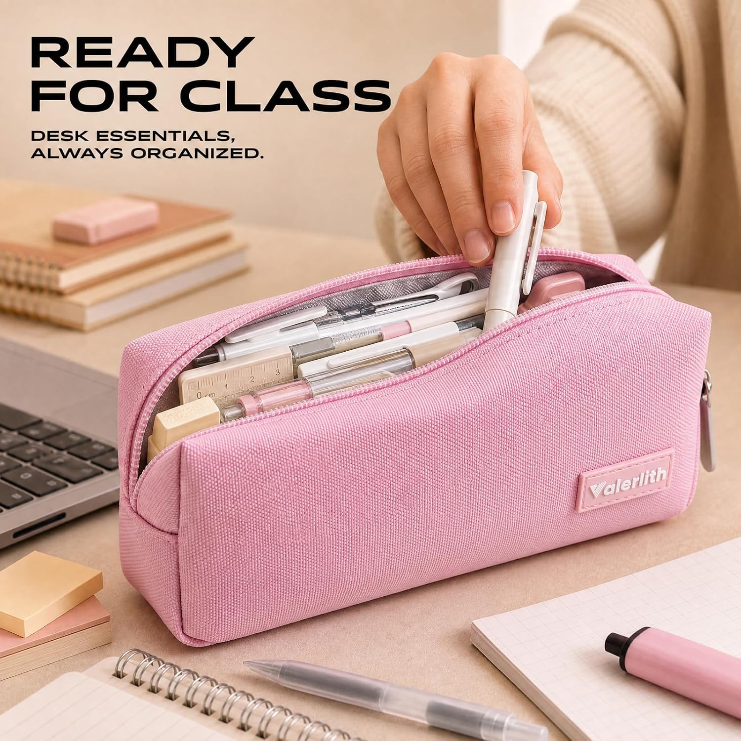 Small Pencil Case Simple Pencil Pouch, Zippered Pen Bag School Supplies for Teens Girls Boys Adults, Pink