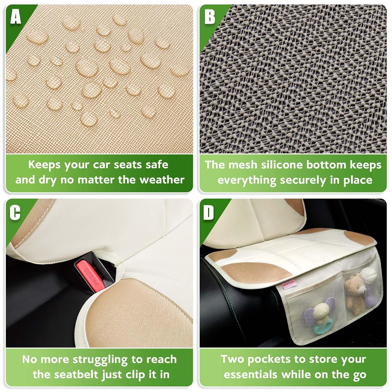 Siivton Car Seat Protector for Kids, Anti-Slip Design, Thick Padding, Prevents Seat Marks, 2 Storage Pockets for Toys & Snacks, Fits Most Cars, Black (Beige, 1 Pack)