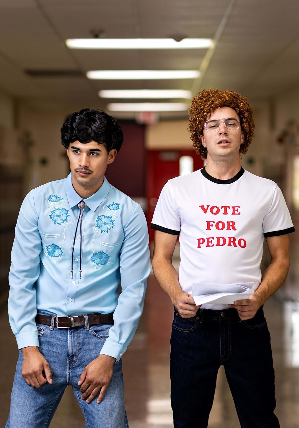 Men's Napoleon Dynamite Pedro Sanchez Halloween Costume | Adult Movie Character Outfit with Blue Shirt, Bolo Tie and Wig