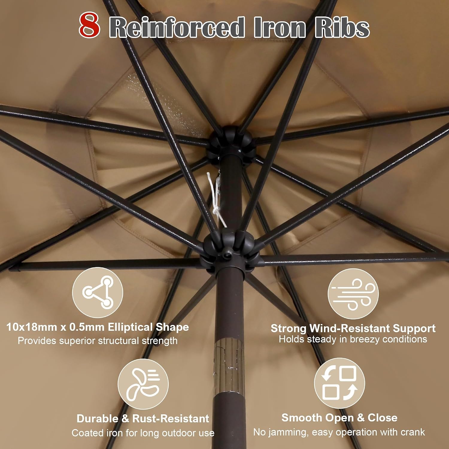 Blissun 9' Outdoor Patio Umbrella, Outdoor Table Umbrella, Yard Umbrella, Market Umbrella with 8 Sturdy Ribs, Push Button Tilt and Crank
