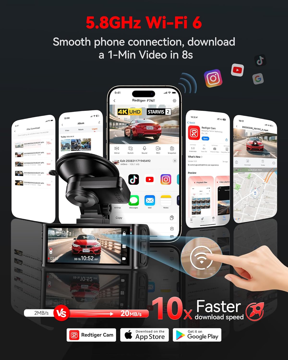 REDTIGER 4K STARVIS 2 Dashcam Front Rear, 5GHz WiFi 20MB/s, Free 128GB Card