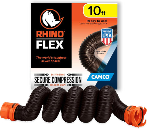 Camco RhinoFLEX 10-foot RV Sewer Hose Extension - Features Collapsible Design for RV Storage - Includes Pre-Attached Lug & Bayonet Fitting -Heavy Duty Polyolefin & Reinforced w/Steel Wire (39774)