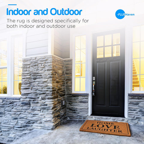 PLUS Haven Coconut Coir Home Entrance Door Mat – 17.5" x 30" | Home Love Laughter Heavy-Duty Doormat for Indoor & Outdoor Use | Durable & Eco-Friendly