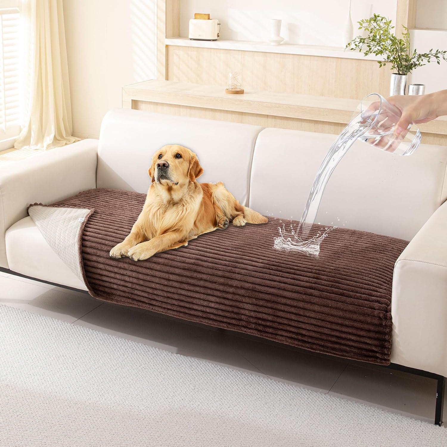 HAOMAIJIA Waterproof Couch Cover for Dogs Washable,Faux Fur Pet Couch Covers for Sofa,Soft Dog Bed Cover Non-Slip Couch Covers for 3 Cushion Couch Sofa Pet Friendly (Brown, 23" x 23" 2 Pack)